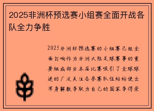 2025非洲杯预选赛小组赛全面开战各队全力争胜