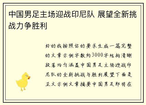 中国男足主场迎战印尼队 展望全新挑战力争胜利