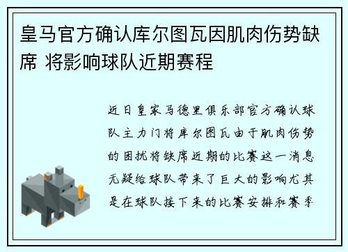 皇马官方确认库尔图瓦因肌肉伤势缺席 将影响球队近期赛程